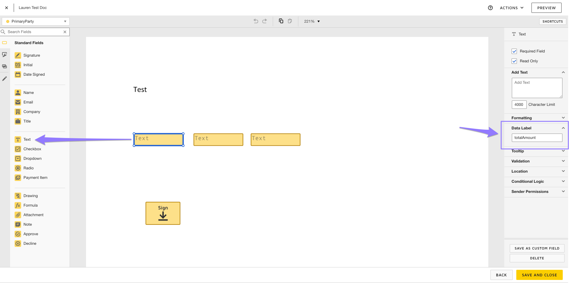 How do I set up my DocuSign template in order to have the fields